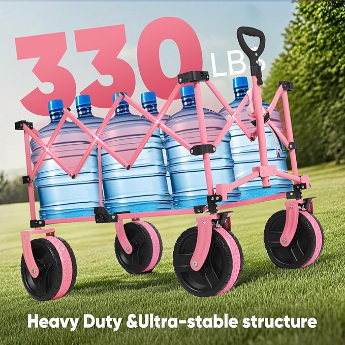 Sekey 220L Wagons Carts Foldable with Big All-Terrian Beach Wheels, Collapsible Heavy DutyWagon with Cup Holders, Extra Large Folding Wagon,Foldable Wagon for Camping, Garden, Sports.Pink