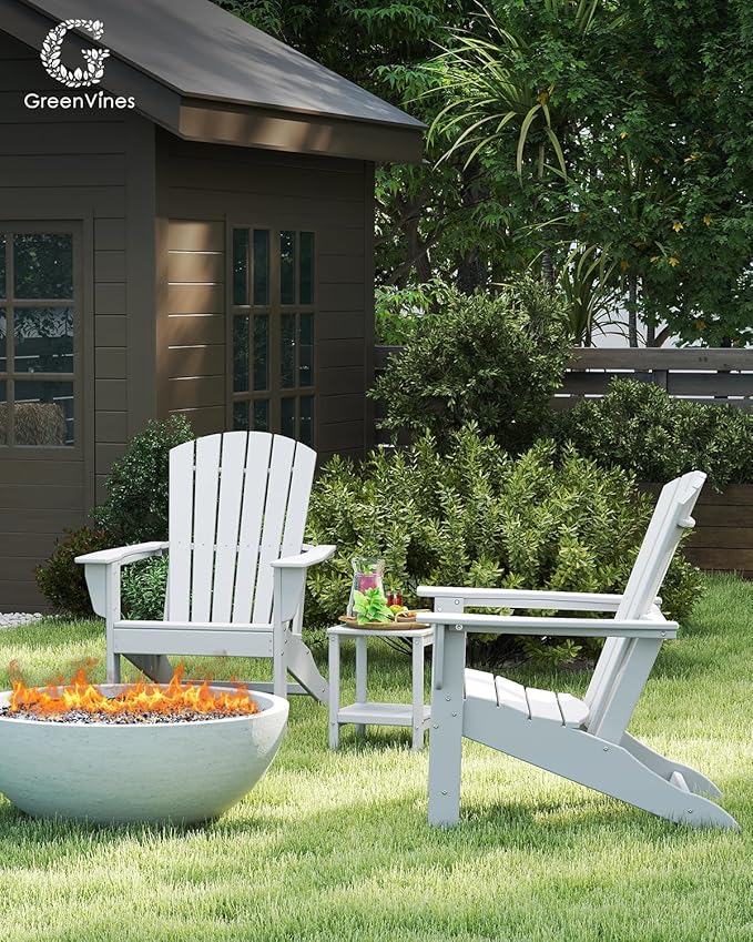 GREENVINES Adirondack Chair | HDPE Plastic | Oversized Fire Pit Chairs | All Weather | White | Poly Lumber | for Outdoor Deck Backyard Patio Garden