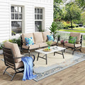 MFSTUDIO 4 Pieces Patio Conversation Sets(5 Seat),Outdoor Metal Furniture Sofas with 1 Loveseat(3 Seat), 2 Rocking Chairs,1 Coffee Table,Wrought Iron with Beige Cushion for Patio Courtyard Balcony