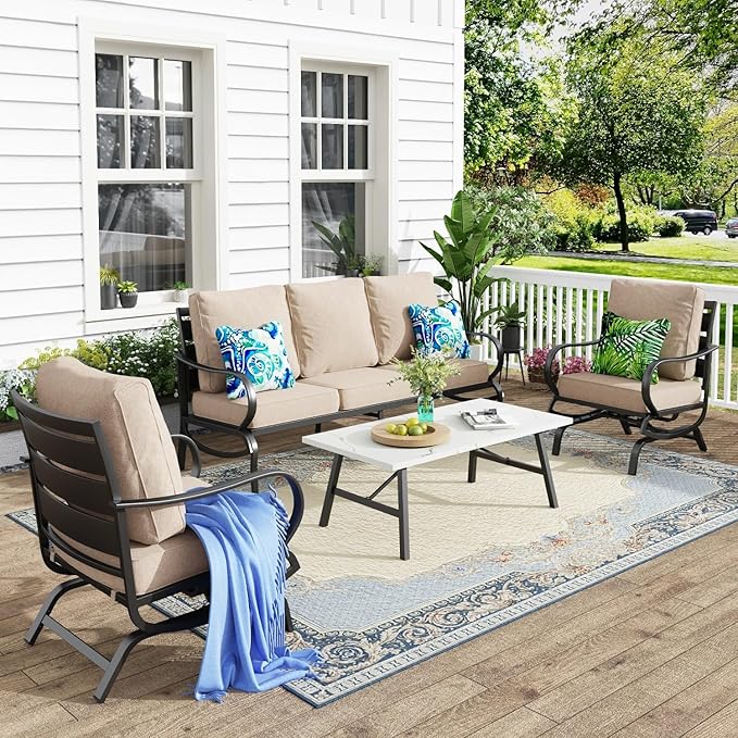MFSTUDIO 4 Pieces Patio Conversation Sets(5 Seat),Outdoor Metal Furniture Sofas with 1 Loveseat(3 Seat), 2 Rocking Chairs,1 Coffee Table,Wrought Iron with Beige Cushion for Patio Courtyard Balcony