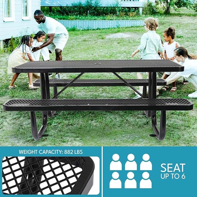 Phyfalip 6 ft. Rectangular Outdoor Steel Picnic Table with Umbrella Pole, Heavy-Duty Weather-Resistant Dining Table for Patio, Backyard, and Garden, Rust-Resistant Finish, Black