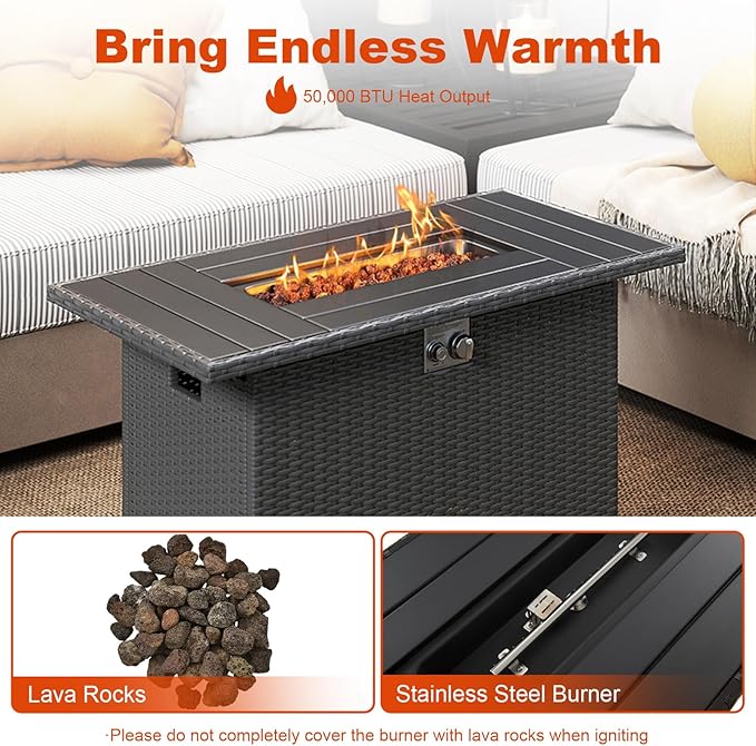 Tangkula 44.5 Inch Propane Fire Pit Table, Outdoor Rattan Gas Firepit with Metal Slatted Tabletop & Stainless Steel Burner, Rectangle Fire Pit with Lava Rocks & Protective Cover for Outside Patio