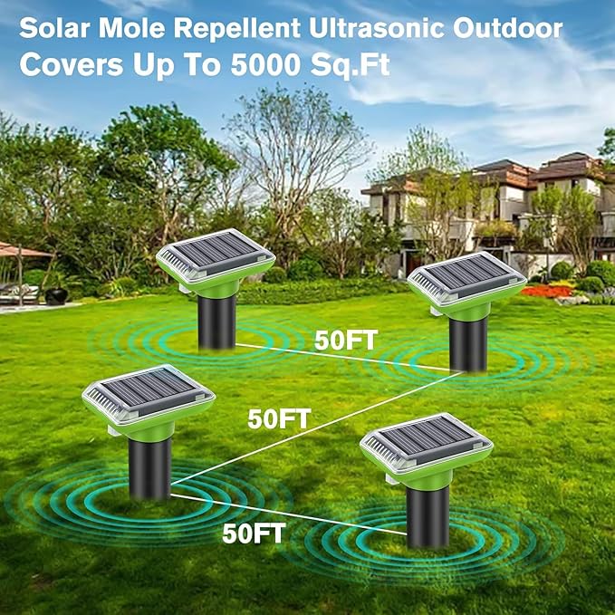 Ultrasonic Mole Repellent Outdoor, 6 Pack Gopher Repellent Solar-Powered for Lawn Yard and Garden, Waterproof Mole Killer Traps, Effectively Repels Gopher Vole Groundhog Snake, Green