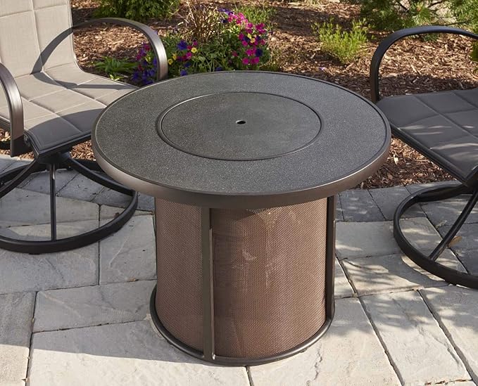 Outdoor GreatRoom Co Propane Fire Pit Table - Stonefire Gas Fire Pits for Outside Patio - 31" Round Composite Firepit Fire Table, Matching Tabletop Cover, Aluminum Frame Mesh Base, 55,000 BTU - Brown
