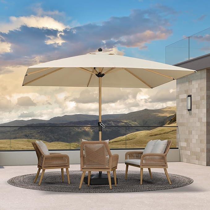 PURPLE LEAF 10' x 10' Square Patio Umbrella with Base Outdoor Umbrella Market Umbrella with Crank & 8 Ribs Aluminum Outdoor Table Umbrella for Pool Deck Backyard, Beige