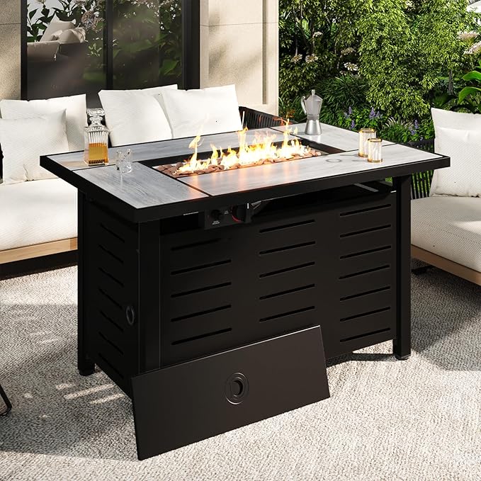 42" Outdoor Propane Fire Pit Table Ceramic Top & Lava Rocks,60000 BTU Rectangle Patio Heater Waterproof Lid Gas Fire Pits for Outside Patio Black