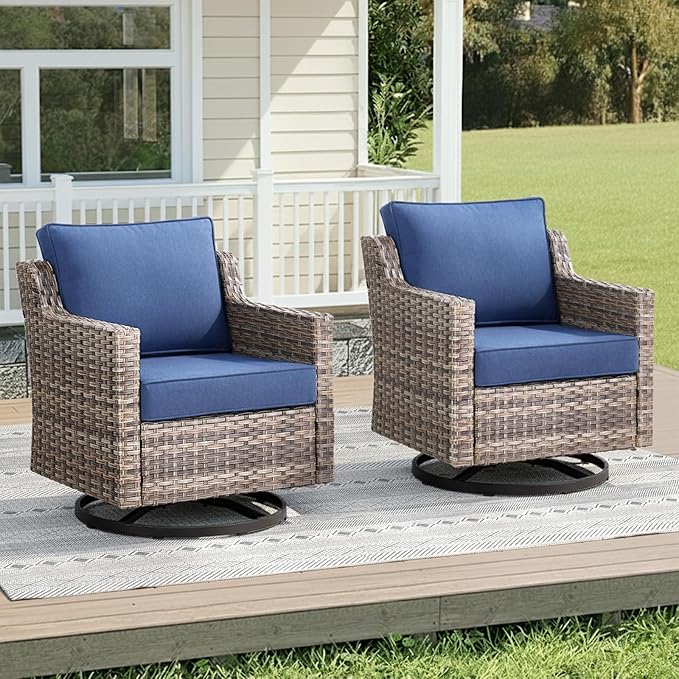 Outdoor Swivel Rocker Patio Chairs-High Back Wicker Swivel Rocker Patio Chairs Set of 2,PE Wicker Chair Patio Furniture Sets with Covered Cushions for Porch Balcony Patio Grey/Blue