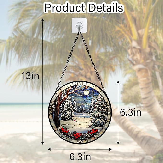 DASTOLL Stained Glass Window Hanging Christmas Tree Winter Snow Night Scenery 6.3" - Suncatcher Door Garden Kitchen Sun Catcher Home Decor Birthday for Mom Men Woman Friend