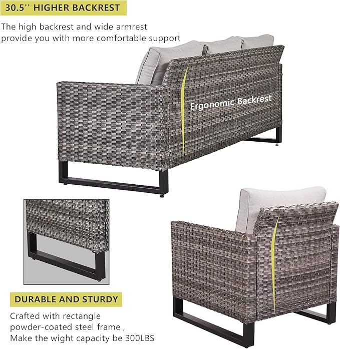 HUMMUH 8 Piece Patio Furniture with Fire Pit,PE Wicker Outdoor Conversation Sets-6-Seater Sofa,Patio Swivel Chairs Outdoor Chairs, Propane Fire Pit,Side Table for Porch,Garden,Backyard