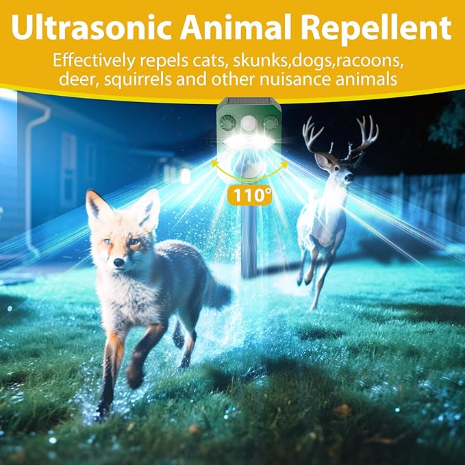 2 Pack Solar Ultrasonic Animal Repellent, Deer Repellent Devices with Motion Sensor, Waterproof Cat Repellent Outdoor with Flashing Lights to Scare Deer, Cats, Squirrels, Raccoons Away from Yard Lawn