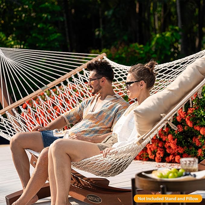 Lazy Daze Hammocks 12FT Double Rope Hammocks, 2 Person Hand Woven Cotton Hammock with Spreader Bar for Outside, Patio, Poolside, FIT 13-15 Foot Stand, Max 450 Lbs, Natural, 141 x 57 inches
