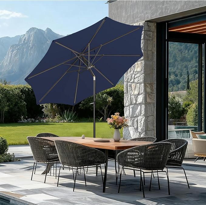 9FT Large Outdoor Patio Umbrella Market Table Umbrella-UV Resistant, Easy Push Button Tilt and Crank, 8 Sturdy Ribs Heavy-Duty Pool Umbrella for Deck, Backyard,Garden,Navy