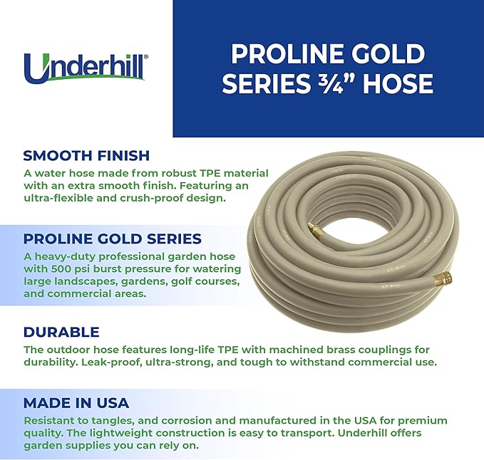 Underhill Proline Gold Series Commercial Garden Water Hose 75 ft, Lightweight, Heavy-Duty, Flexible, Kink Free, Industrial, 500 psi, H75-075PR0-G 3/4" x 75', Gold
