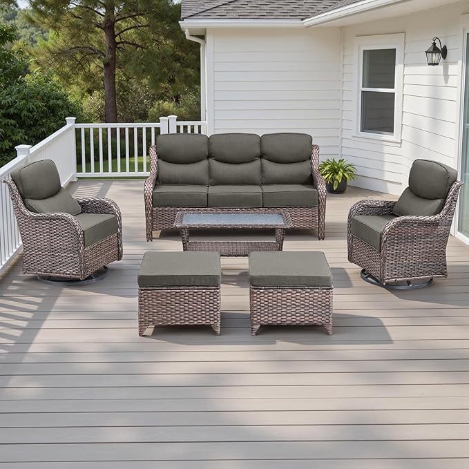 Rilyson Wicker Outdoor Patio Furniture Set - 6 Piece Patio Conversation Sets with Swivel Rocker Chairs, Ottomans, Sofa and Table, 6 inch Cushions, Deep Seating, for Porch Deck Brown/Grey