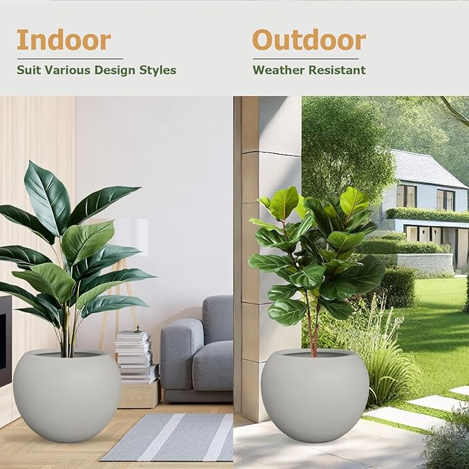 16" H x 20" D Globo Fiberstone Round Planter - Christmas Tree Planter, Smooth Finishes, Weather Resistant for Indoor & Outdoor Use, Included 2 Extra Coco Mats (Light Gray, 13.5 Pot Opening)