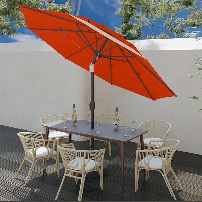 9FT 3 Tiers Patio Umbrella With Auto Tilt And Crank, Outdoor Table Market Umbrella with 8 Sturdy Ribs for Garden, Lawn, Deck, Backyard and Pool