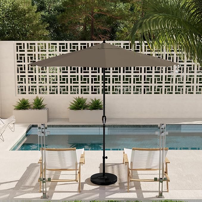 California Umbrella 9' Rd Aluminum Patio Umbrella, Crank Lift, Auto Tilt, Black Finish, Sunbrella Dove