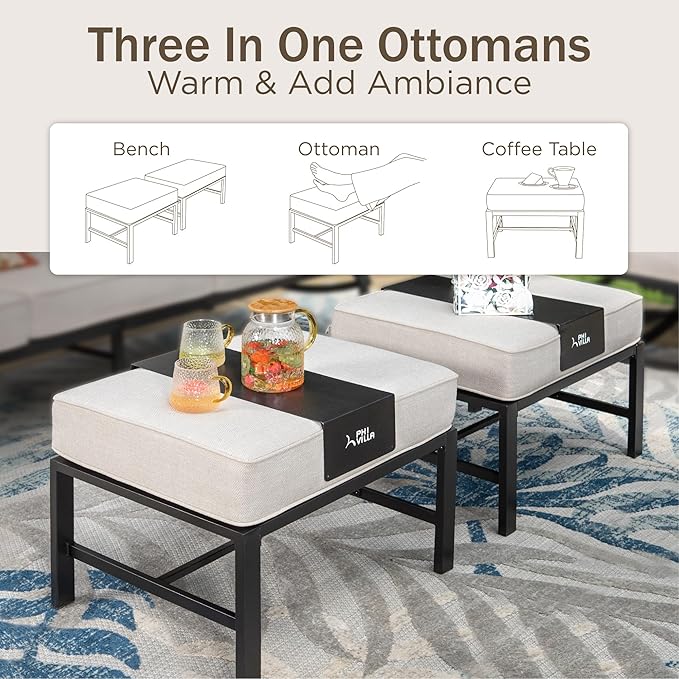 PHI VILLA 7 PCS Outdoor Patio Furniture Set with 2*C-Base Chairs, 1 * 3 Seater Padded Deep Seating Bench Sofa, 2*Padded Armrest Leg Chairs and 2*Metal Cushioned Ottoman for 7 Person