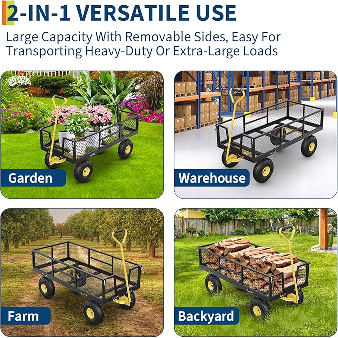 900 LBS Garden Cart with Removable Mesh Sides, Heavy Duty Steel Garden Wagon with Adjustable Handles & 10" Pneumatic Tires, Utility Wagon for Lawn Camping Farm Yard, Black+Yellow