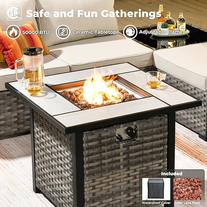 ovios 10 Pieces Patio Furniture Set, Outdoor Wicker Sectional Sofa with 30" Fire Pit Table Swivel Chairs, Modern Modular Deep Seat Rattan Couch Conversation Sets, Beige