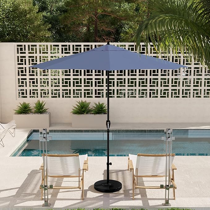California Umbrella 9' Rd Aluminum Patio Umbrella, Crank Lift, Auto Tilt, Black Finish, Sunbrella Air Blue