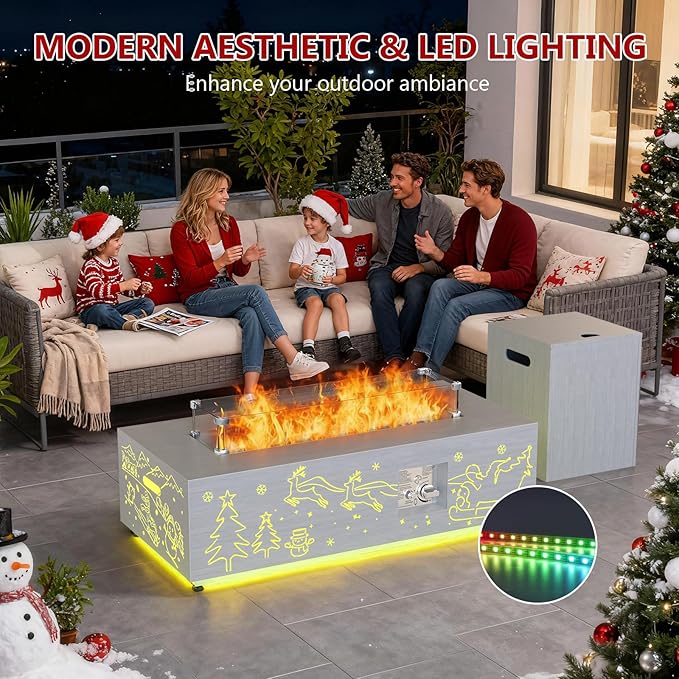 Dineli Propane Fire Pit Table 42 Inch Gas Fire Pits & Outdoor Fireplaces w LED, Tabletop Fire Pit Firepits for Outside Patio, 50,000 BTU (Light Gray, Christmas Pattern with RGB Light)