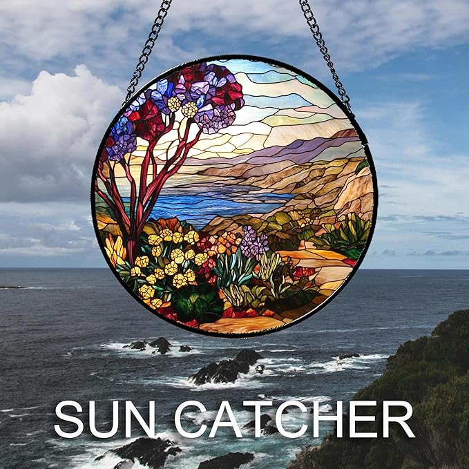 QZQCBLC Stained Glass Window Hanging Retro Wildflowers Lake Mountain Scenery 7.8" - Suncatcher Door Garden Sun Catcher Home Decor Birthday Christmas for Mom Men Woman Friend