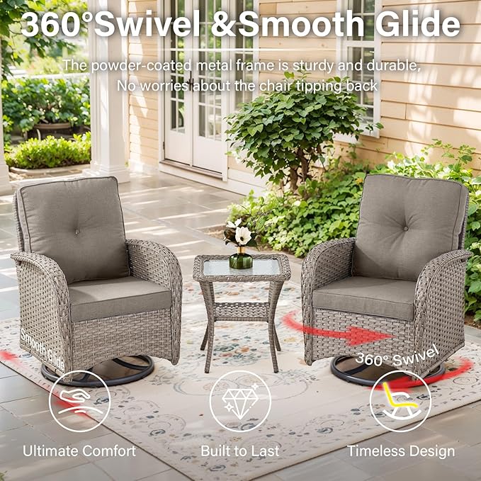 Belord 7-Piece Modern Gray Wicker Patio Conversation Set - 4 Swivel Glider Chairs & 50,000 BTU Propane Fire Table