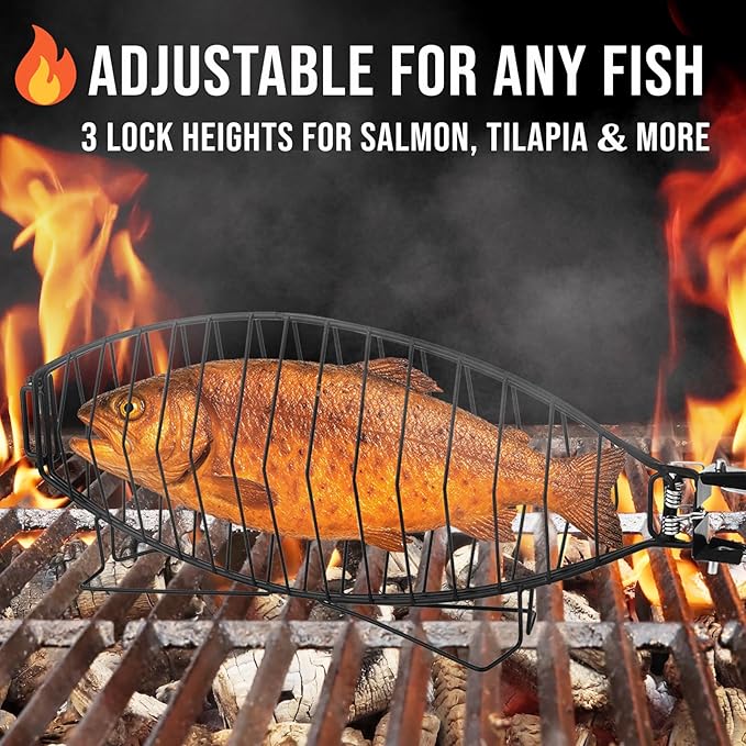 Fish Grilling Basket for Grill - Stainless Steel Basket, Non-Stick Fish Rack for Grilling with Adjustable Lock Removable Handle, Ideal for BBQ, Camping, Charcoal and Gas Grills