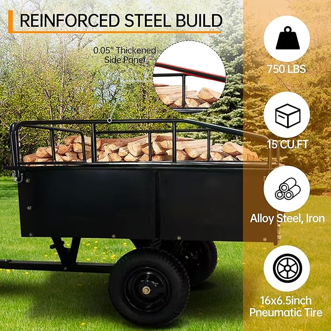 750LB Steel Dump Cart with All-Terrain Tires & Foot-Pedal Dumping, Heavy Duty Utility Trailer for Yard, Garden, and Construction Use, Compatible with ATV and Tractor
