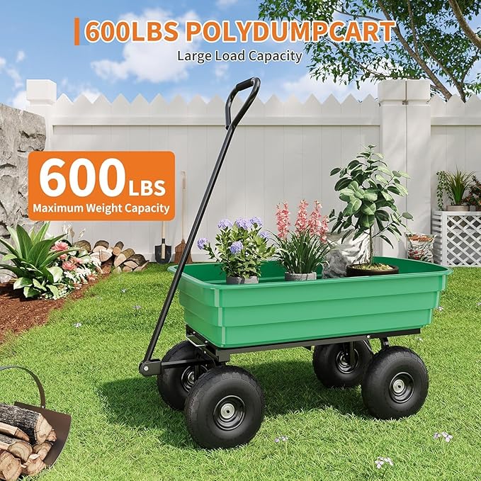 Heavy Duty Garden Dump Cart, 600LB Yard Utility Cart with All-Terrain Wheels & Quick-Release, Gardening Cart