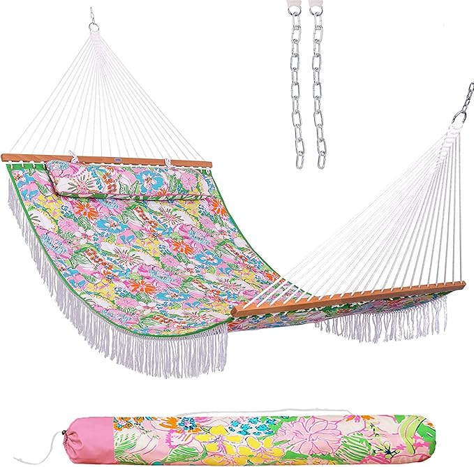 Lazy Daze Hammocks 12 FT Double Quilted Fabric Hammock with Extra Large Soft Pillow and Carrying Bag, 2 Person Outdoor Hammock with Spread Bar and Elegant Tassels, Heavy Duty 450 lbs Capacity, Floral