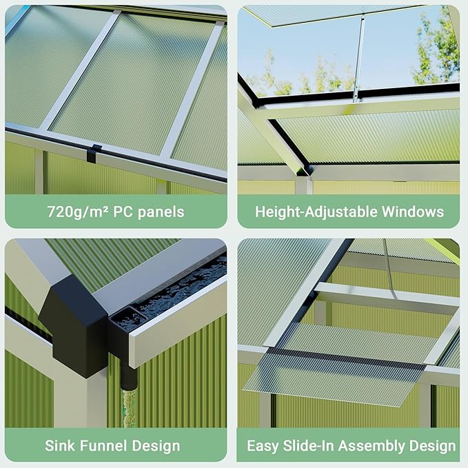Greenhouse, 6x10 FT Greenhouse for Outdoors, Walk-in Green House with Ground Nails and Vent Windows, Sliding Lockable Door, Polycarbonate Greenhouses for Outside Garden Backyard, Quick Setup, Silver