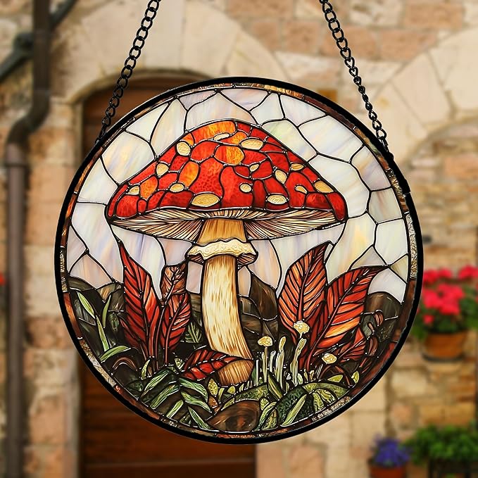 DASTOLL Stained Glass Window Hanging, Big Red Mushroom Suncatcher for Doors Home Sun Catchers Decoration and Christmas, Mother's Day Birthday Gifts for Women, Men, and Mom 7.8 in