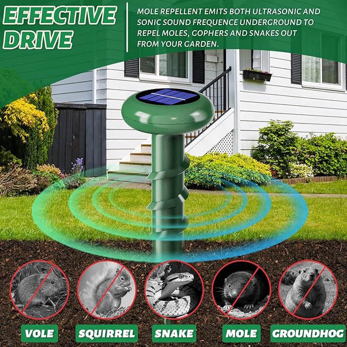 Solar Powered Ultrasonic Mole Repellent,Outdoor Animal Repellent Effective Get Rid of Snake Skunk Vole Groundhog Chipmunk Squirrel,Yard Garden Spiral IP 65 Waterproof Sonic Spikes（6 Pack）