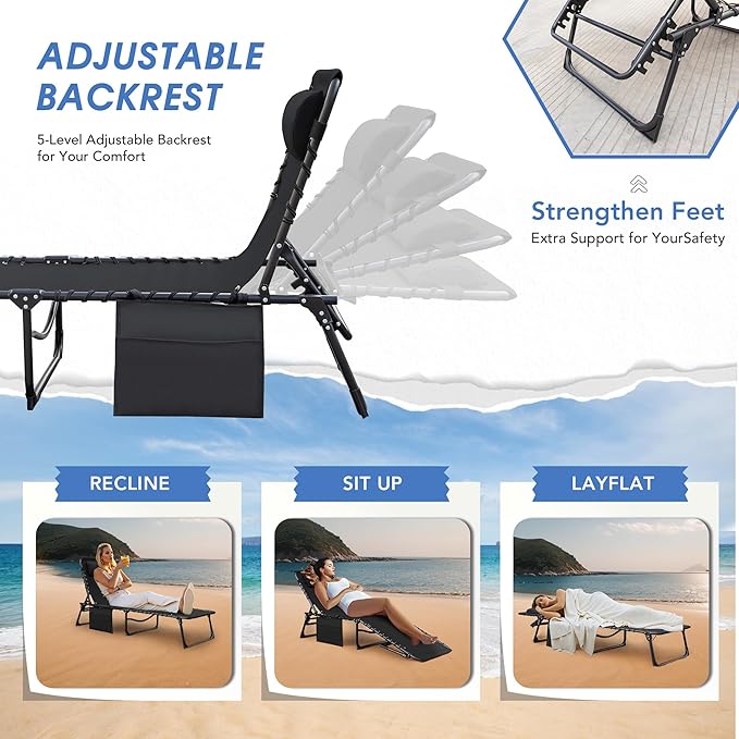 Flamaker Face Down Chaise Lounge Chair 5-Position Adjustable Sunbathing, Foldable Tanning Chair with Face& Arm Holes, Outdoor Recliner Chair for Pool, Beach, Patio, Lawn (Black, 1 Pcs)