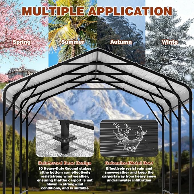 LEVELEVE 10x15 FT Heavy-Duty Metal Carport, Galvanized Steel Car Canopy with Reinforced Base Frame, Outdoor Shelter for Cars, Trucks, Boats, Tractors & RV