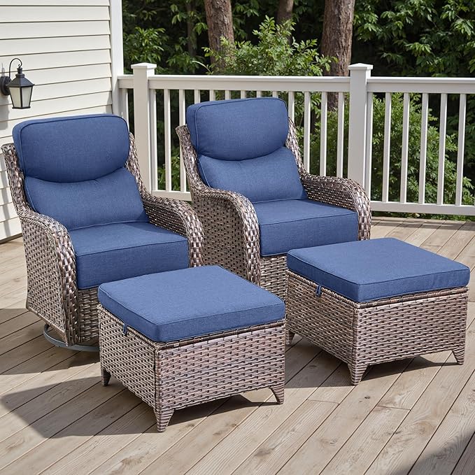 Rilyson Wicker Outdoor Patio Furniture Set - 4 Piece Patio Conversation Set with Swivel Rocker Chairs and Ottomans, 6 inch Cushions, High Back, Deep Seating, for Porch Deck Garden Brown/Blue