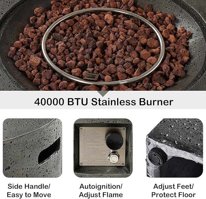 SUNBURY Outdoor Travertine Fire Pit Table, Propane Burning Fire Pit, 35 inch Square Patio Firepit, 50000 BTU Fire Table with Waterproof Cover and Glass Stones, Gray