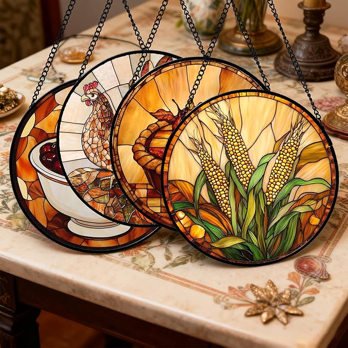 AMDERVEN Stained Glass Window Hanging 4 Pcs Set Brown Turkey Berry Corn Large 15" - Suncatcher Door Garden Sun Catcher Decor Birthday Thanksgiving Mother's Day for Mom Woman Nana Men