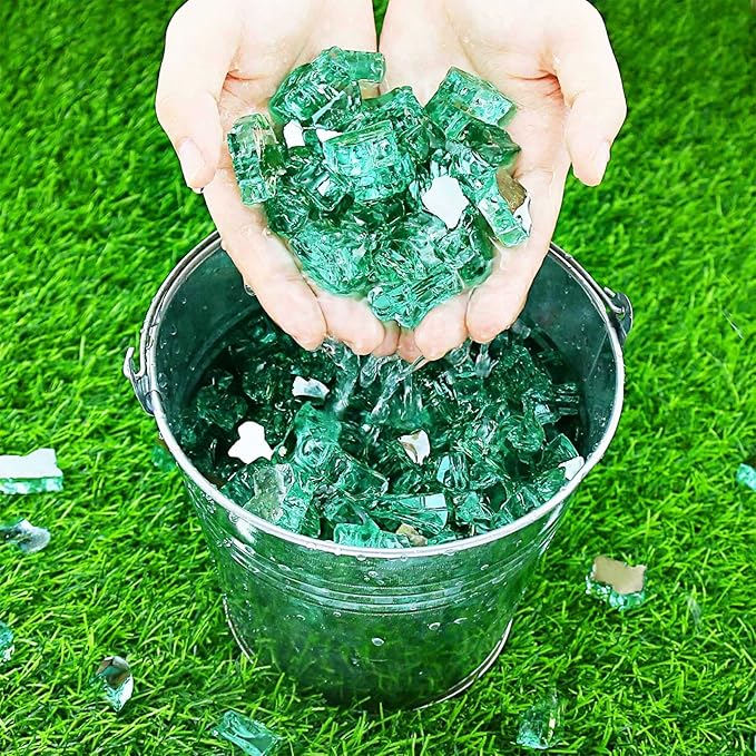 GRISUN 20 lbs Green Fire Glass for Fire Pit, 1/2 Inch High Luster Reflective Fire Pit Glass for Natural or Propane Fireplace, Fire Table, Safe for Outdoors and Indoors Tempered Glass Rocks