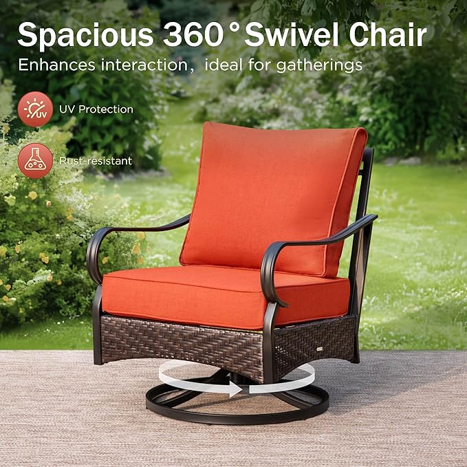 PHI VILLA Patio Furniture Set with 56" Fire Pit Table, Premium Outdoor Wicker Metal Frame Furniture with Upgraded Waterproof Thick Cushions for Porch, Poolside, Deck, and Yard （4 Pieces,Red