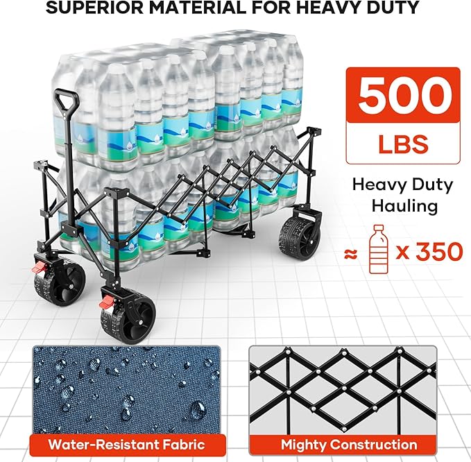 49" L Collapsible Extended Wagon with 500lbs Weight Capacity,300L Heavy Duty Sports Wagon,Big All-Terrian Wheels with Cup Holders,Cart for Sports,Grocery,Shopping(LightBlue)