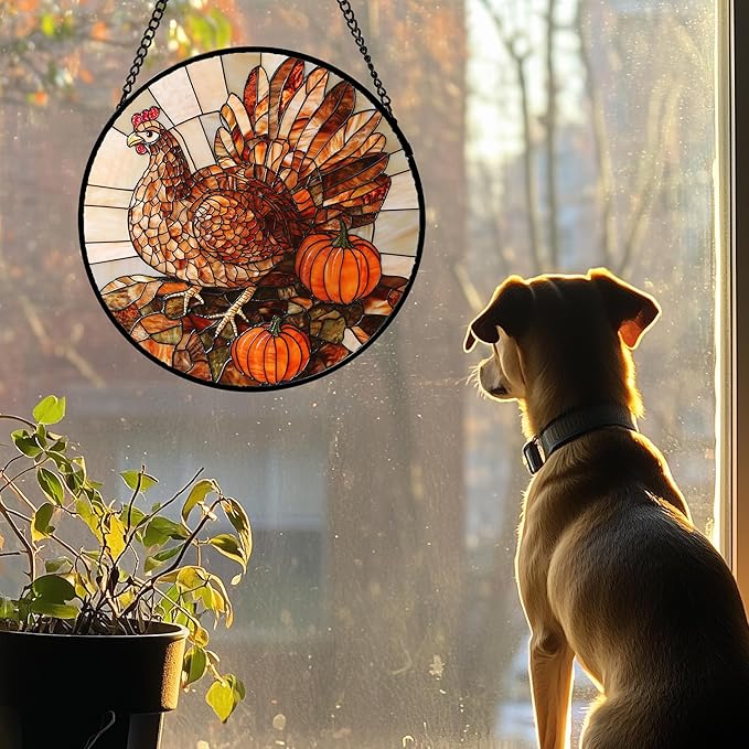 AMDERVEN Stained Glass Window Hanging 4 Pcs Set Brown Turkey Berry Corn Large 15" - Suncatcher Door Garden Sun Catcher Decor Birthday Thanksgiving Mother's Day for Mom Woman Nana Men