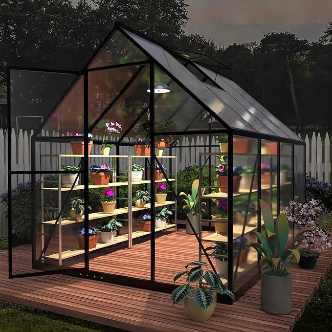 HOOYEAH 6 x 8 FT Polycarbonate Greenhouse, Winter Greenhouses for Outdoors,Outdoor Greenhouse with Roof Air Vent, Heavy Duty Walk-in Aluminum Green House for Outside Garden Backyard