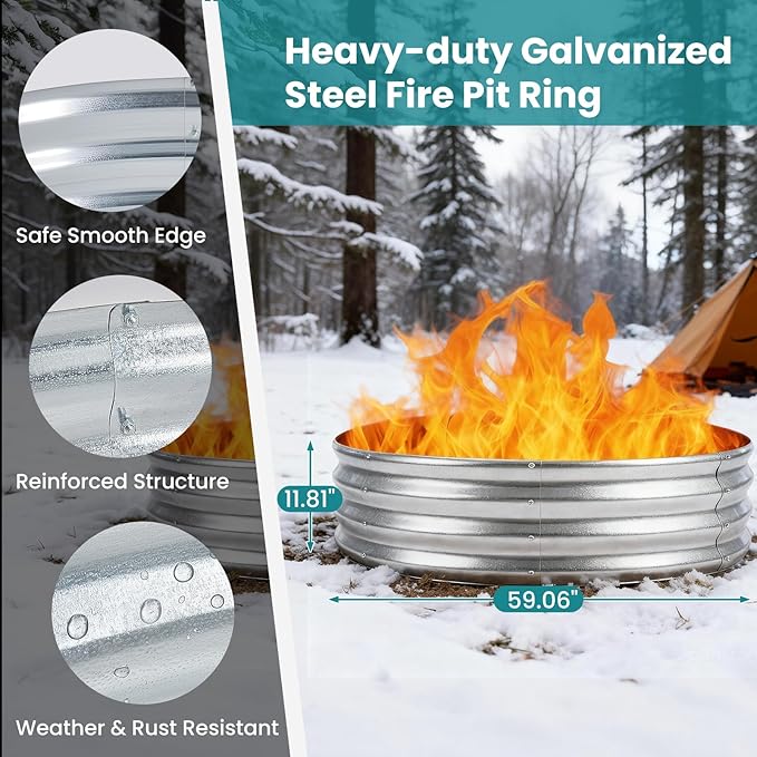 OLIXIS 5FT Round Fire Ring Pit, Outdoor Camp Firepit, Heavy Duty Galvanized Steel 60 Inch Foldable Outside Wood Burning Bonfire Fire Pit Ring for Camping, Backyard, Garden, Beach, Yard Gatherings