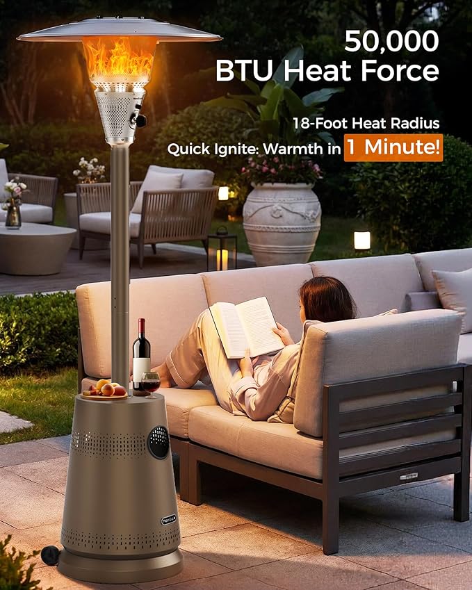 50,000 BTU Patio Heater for Outdoor Use With Adjustable Heat Focusing Top, Portable Propane Patio Heater with Wheels, Stainless Steel Burner for Porch Deck Garden (Brown)