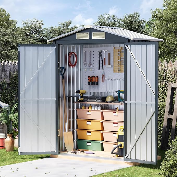 5x3 FT Outdoor Metal Storage Shed with Floor Frame, Double Door, 1 Clear Window, Tool Shed for Garden, Patio, Backyard