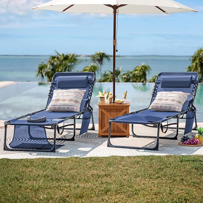 Flamaker Face Down Chaise Lounge Chair 5-Position Adjustable Sunbathing, Foldable Tanning Chair with Face& Arm Holes, Outdoor Recliner for Pool, Beach, Patio, Lawn (Blue, 1 Pcs)