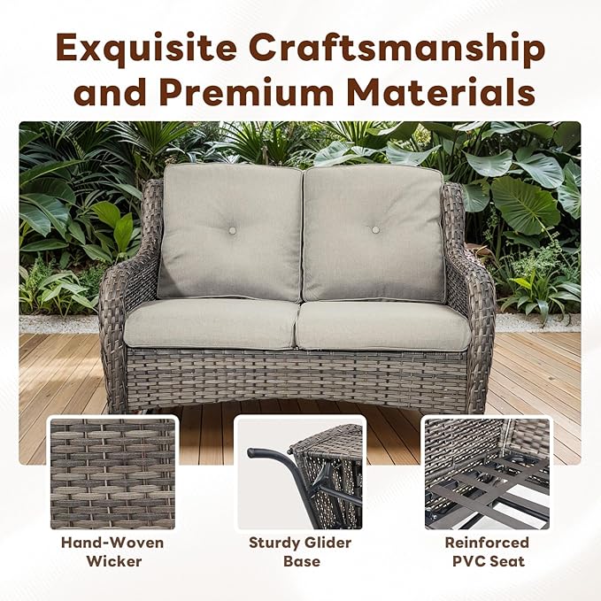 Belord 4 Piece Patio Furniture Set - Outdoor Glider Bench with Swivel Rocker Chairs and Coffee Table, High Back Small Outdoor Conversation Furniture Sets for Deck Sunroom Balcony Backyard